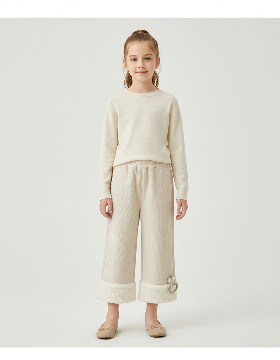 Pantalon Beige Côtelé Large Polaire Hiver Enfant - Maille