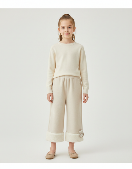 Pantalon Beige Côtelé Large Polaire Hiver Enfant - Maille
