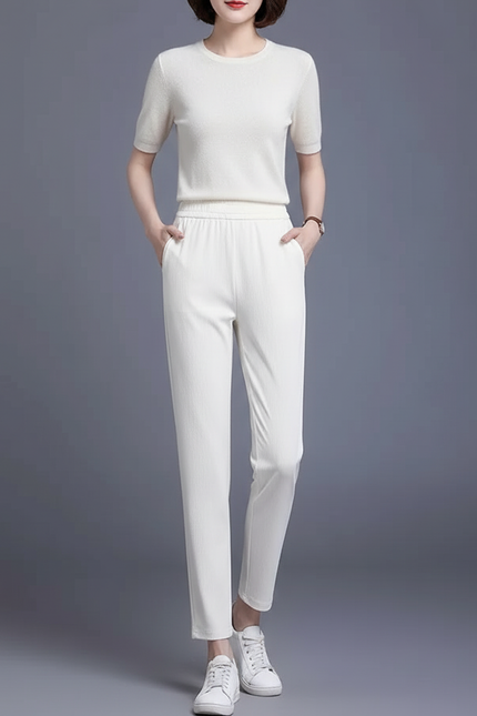 Pantalon Beige Fluide Décontracté Taille Haute - Maille