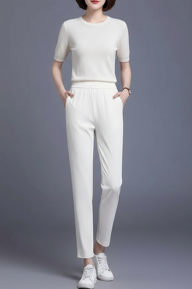 Pantalon Beige Fluide Décontracté Taille Haute - Maille