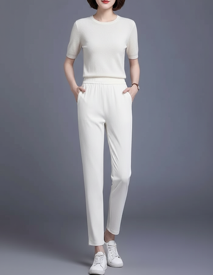 Pantalon Beige Fluide Décontracté Taille Haute - Maille