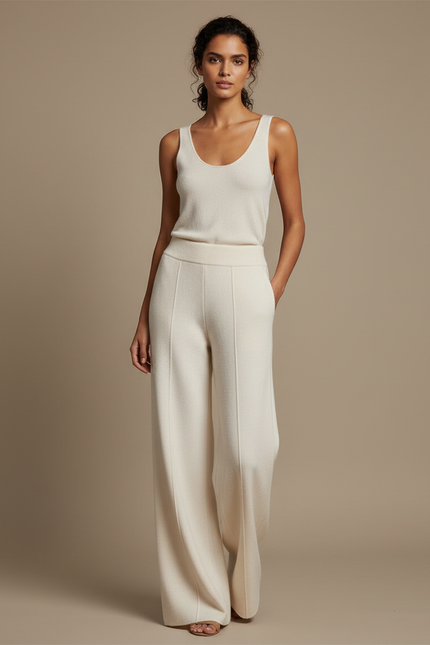 Pantalon Beige Tricoté Ample Droit Confortable Femme - Maille