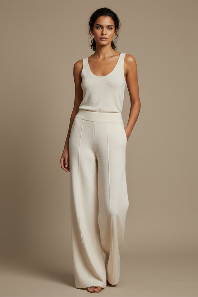Pantalon Beige Tricoté Ample Droit Confortable Femme - Maille