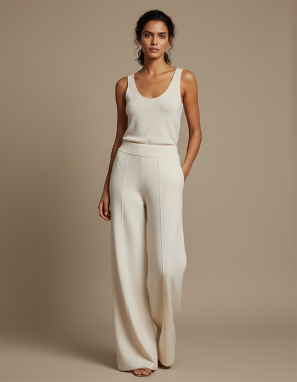 Pantalon Beige Tricoté Ample Droit Confortable Femme - Maille
