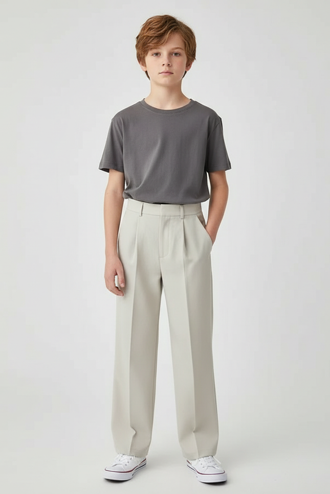 Pantalon Beige Plissé Décontracté Ample Garçon - Polyester