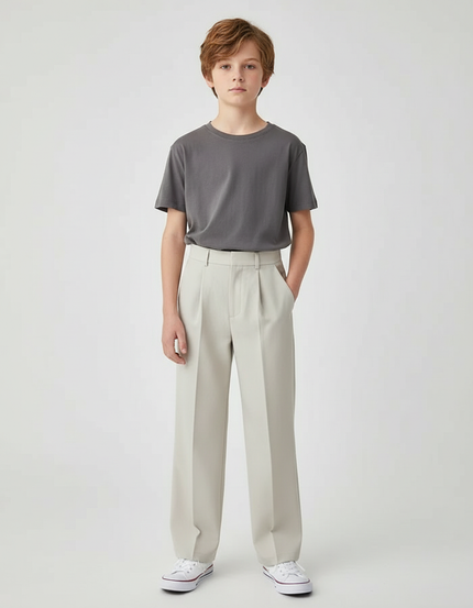 Pantalon Beige Plissé Décontracté Ample Garçon - Polyester