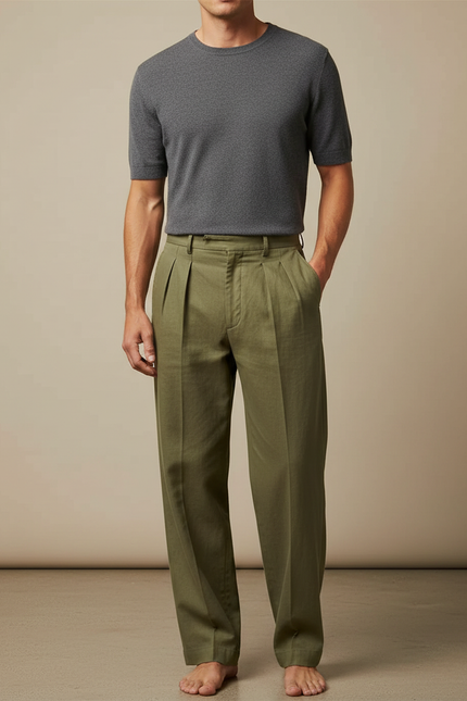 Pantalon Beige Plissé Lin Ample Homme Décontracté - Kaki