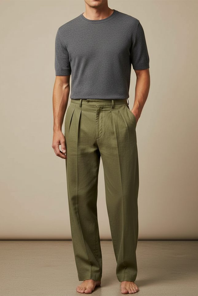 Pantalon Beige Plissé Lin Ample Homme Décontracté - Kaki
