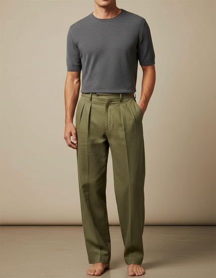 Pantalon Beige Plissé Lin Ample Homme Décontracté - Kaki