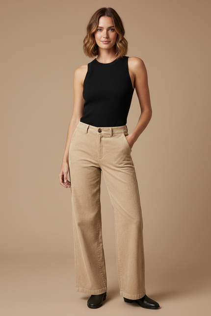 Pantalon Beige Femme Patte D'éléphant - Cordé