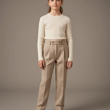 Pantalon Beige Laine Droite Plissé Élégant Enfant