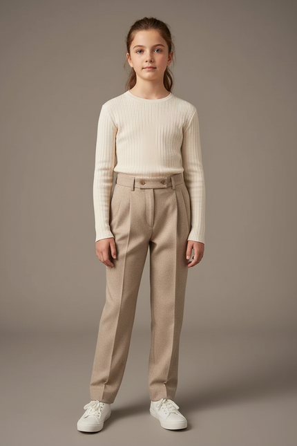 Pantalon Beige Laine Droite Plissé Élégant Enfant