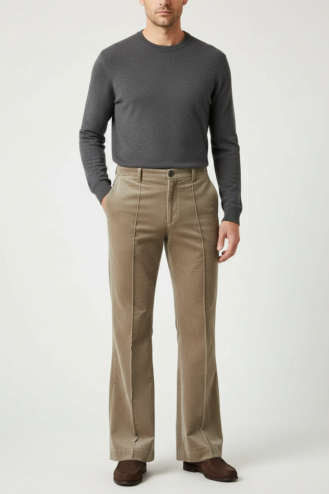 Pantalon Beige Côtelé Évasé Homme Élégant Décontracté - Cordé