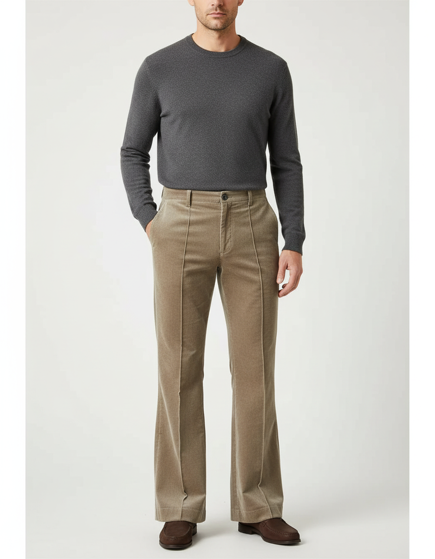 Pantalon Beige Côtelé Évasé Homme Élégant Décontracté - Cordé