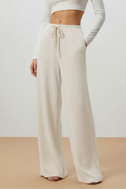 Pantalon Beige Côtelé Ample Décontracté Cordon Fluide - Maille