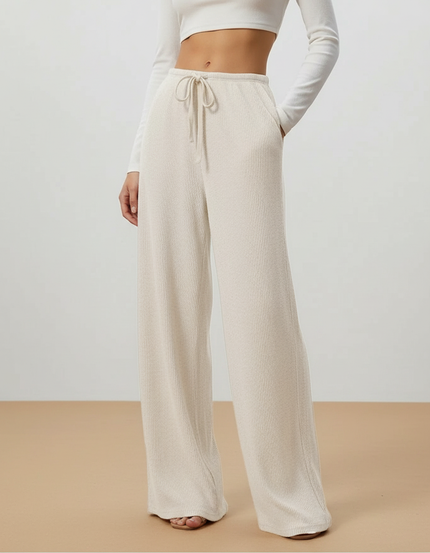 Pantalon Beige Côtelé Ample Décontracté Cordon Fluide - Maille