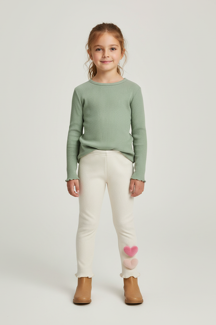Pantalon Beige Côtelé Cœurs Thermique Fille Hiver - Maille