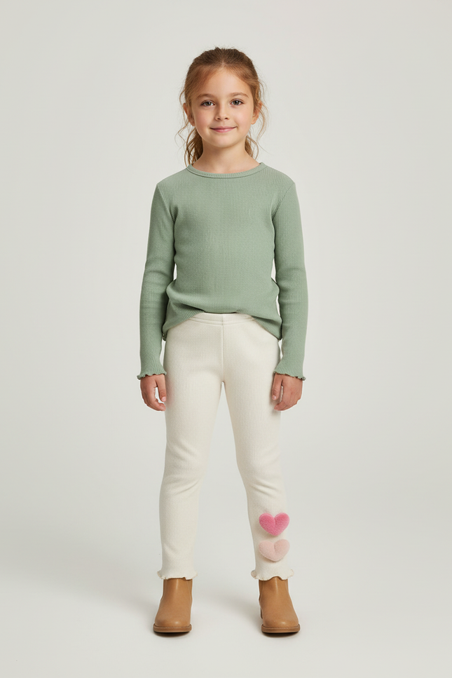 Pantalon Beige Côtelé Cœurs Thermique Fille Hiver - Maille