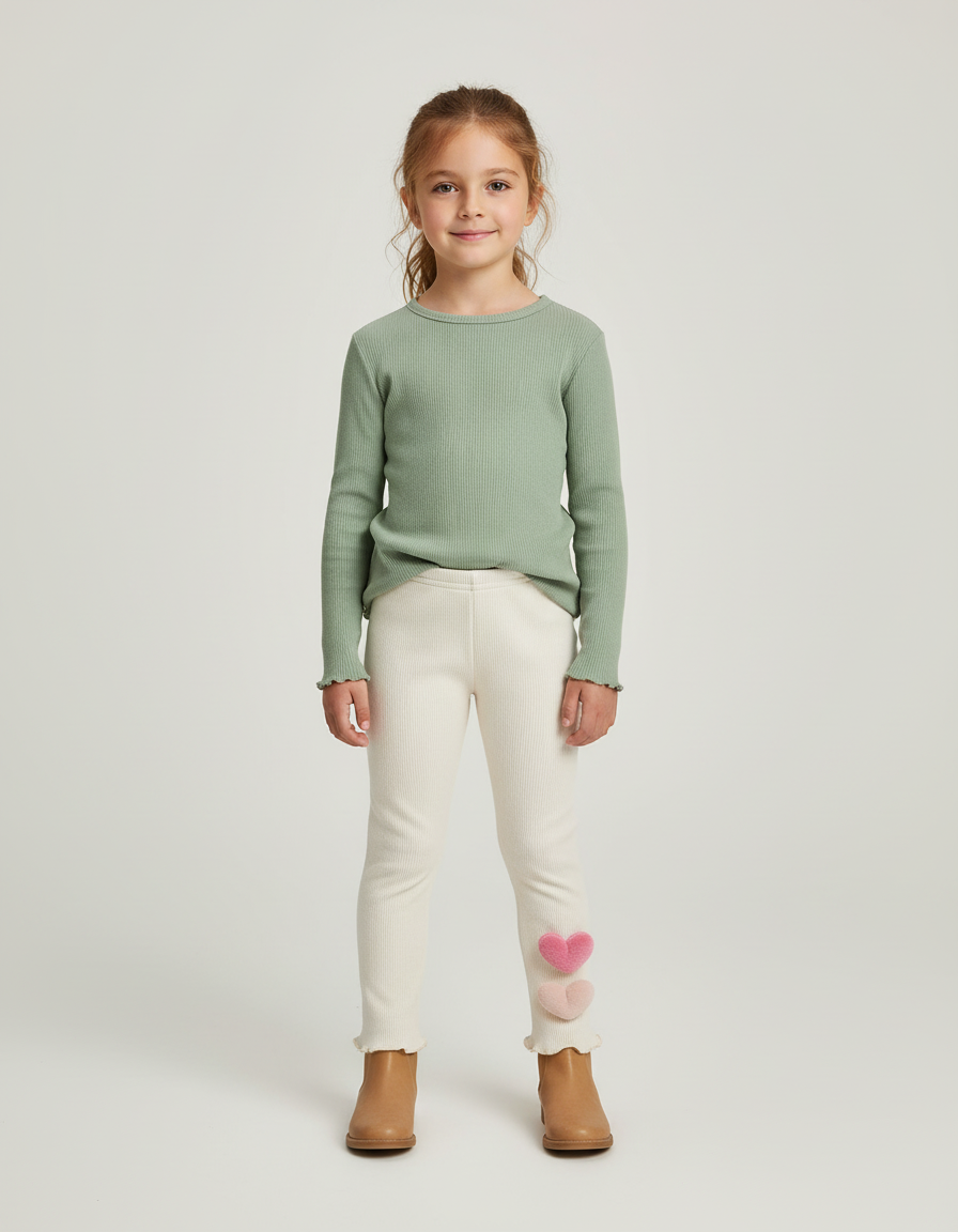 Pantalon Beige Côtelé Cœurs Thermique Fille Hiver - Maille