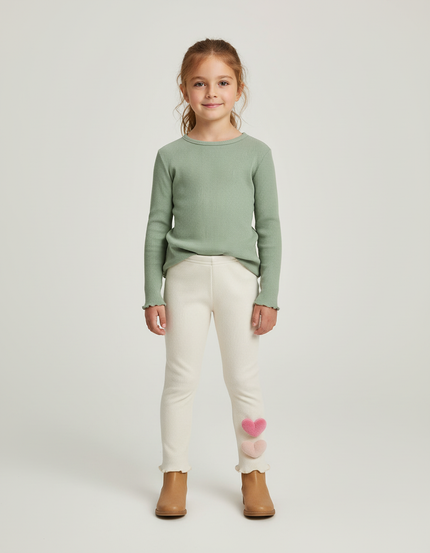 Pantalon Beige Côtelé Cœurs Thermique Fille Hiver - Maille