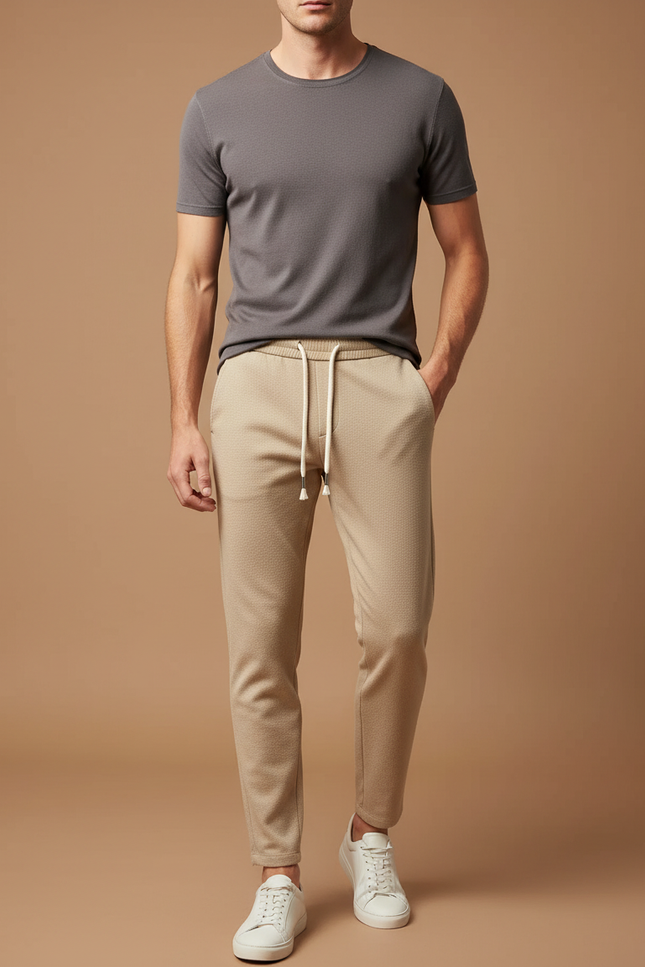 Pantalon Beige Homme Décontracté Cordon Slim Tendance - Maille