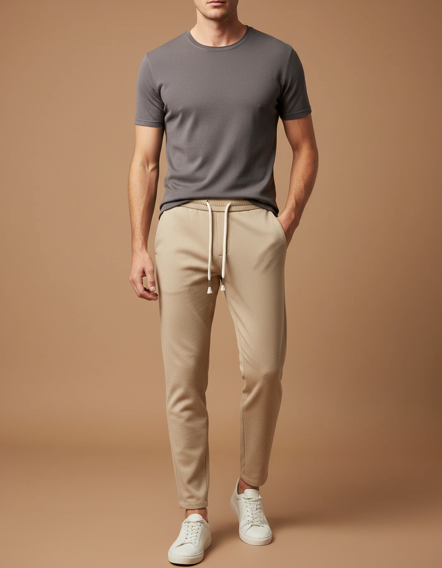Pantalon Beige Homme Décontracté Cordon Slim Tendance - Maille