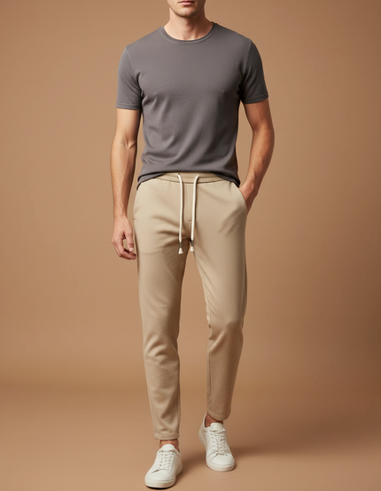 Pantalon Beige Homme Décontracté Cordon Slim Tendance - Maille