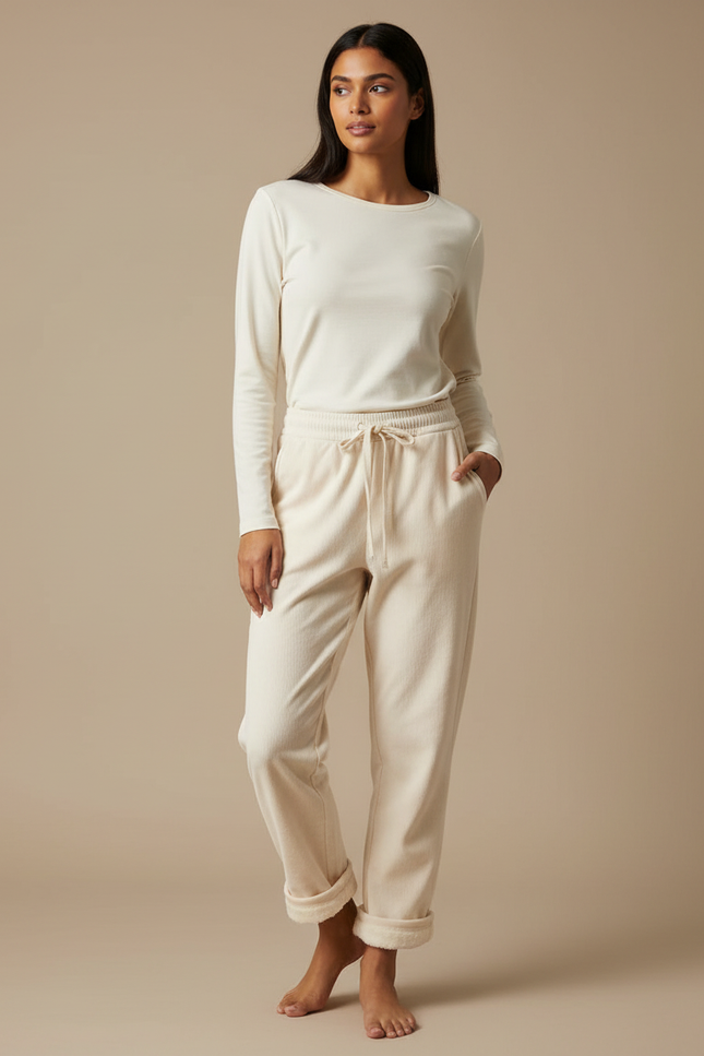 Pantalon Beige Molletonné Ample Décontracté Côtelé Femme