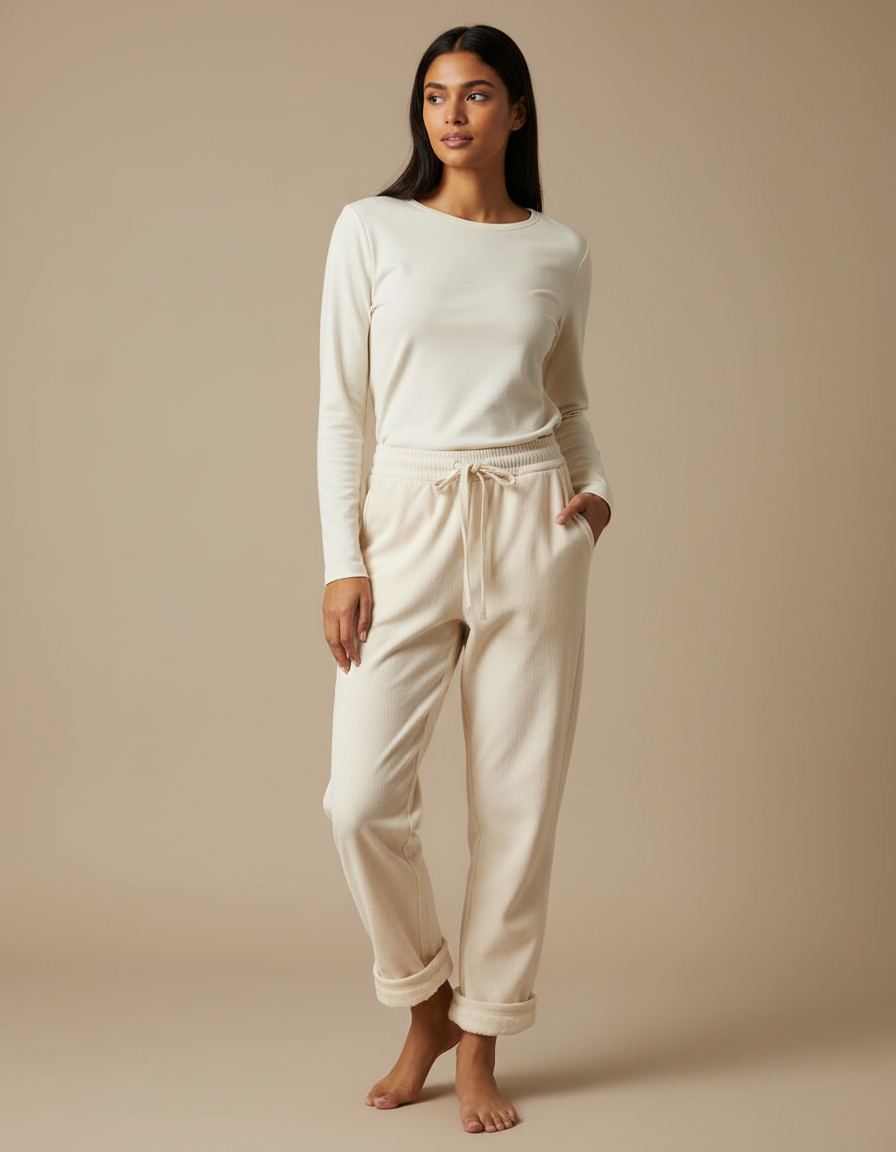 Pantalon Beige Molletonné Ample Décontracté Côtelé Femme