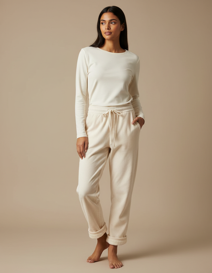 Pantalon Beige Molletonné Ample Décontracté Côtelé Femme