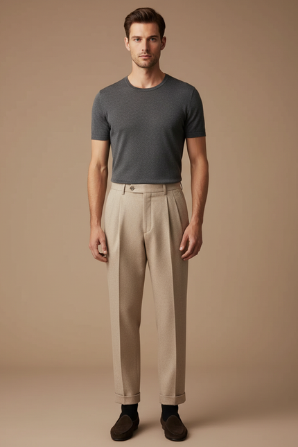 Pantalon Beige Laine Plissé Droit Élégant Homme