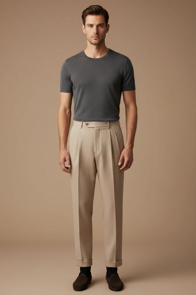 Pantalon Beige Laine Plissé Droit Élégant Homme