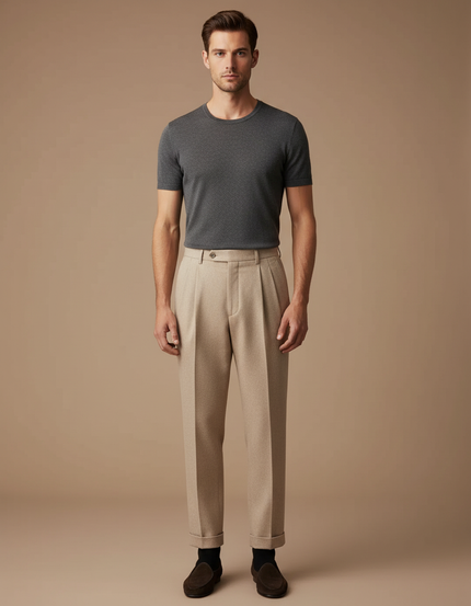 Pantalon Beige Laine Plissé Droit Élégant Homme