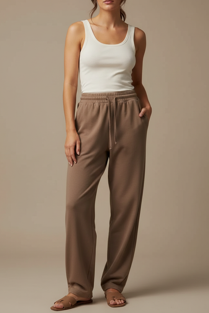 Pantalon Beige Ample Molletonné Décontracté Confortable - Marron