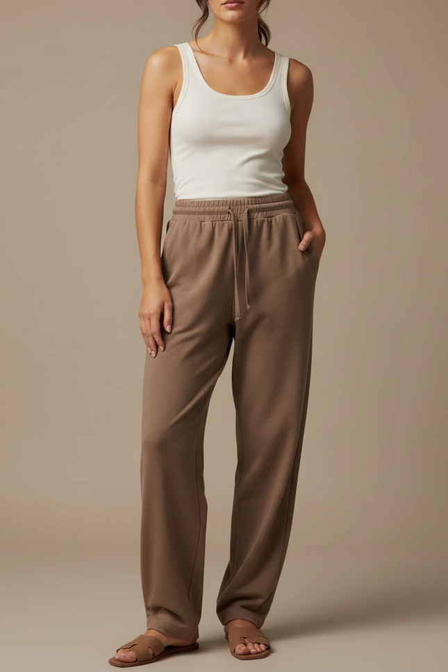 Pantalon Beige Ample Molletonné Décontracté Confortable - Marron