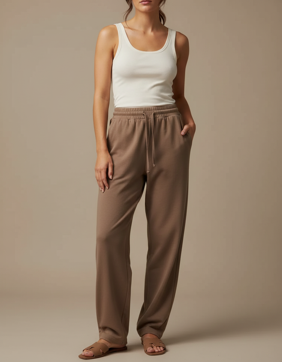 Pantalon Beige Ample Molletonné Décontracté Confortable - Marron