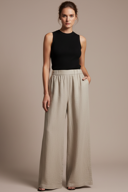 Pantalon Beige Fluide Ample Lin Décontracté Élégant