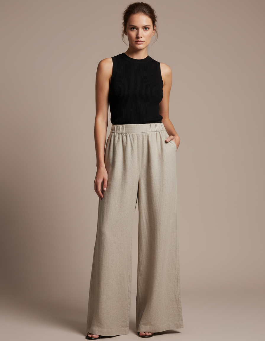 Pantalon Beige Fluide Ample Lin Décontracté Élégant
