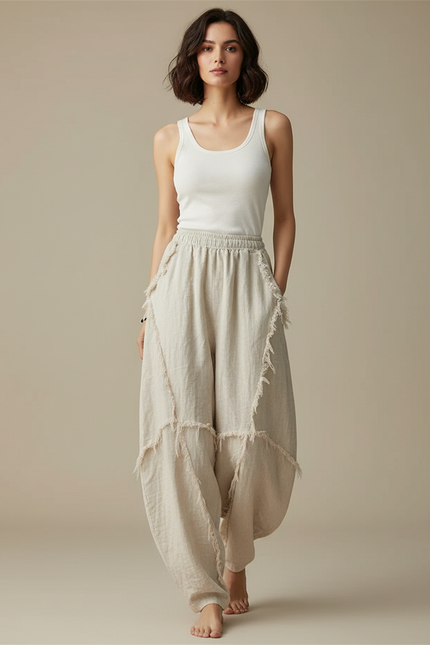 Pantalon Beige Lin Ample Décontracté Franges