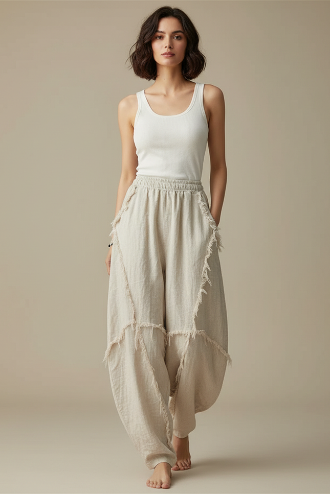 Pantalon Beige Lin Ample Décontracté Franges