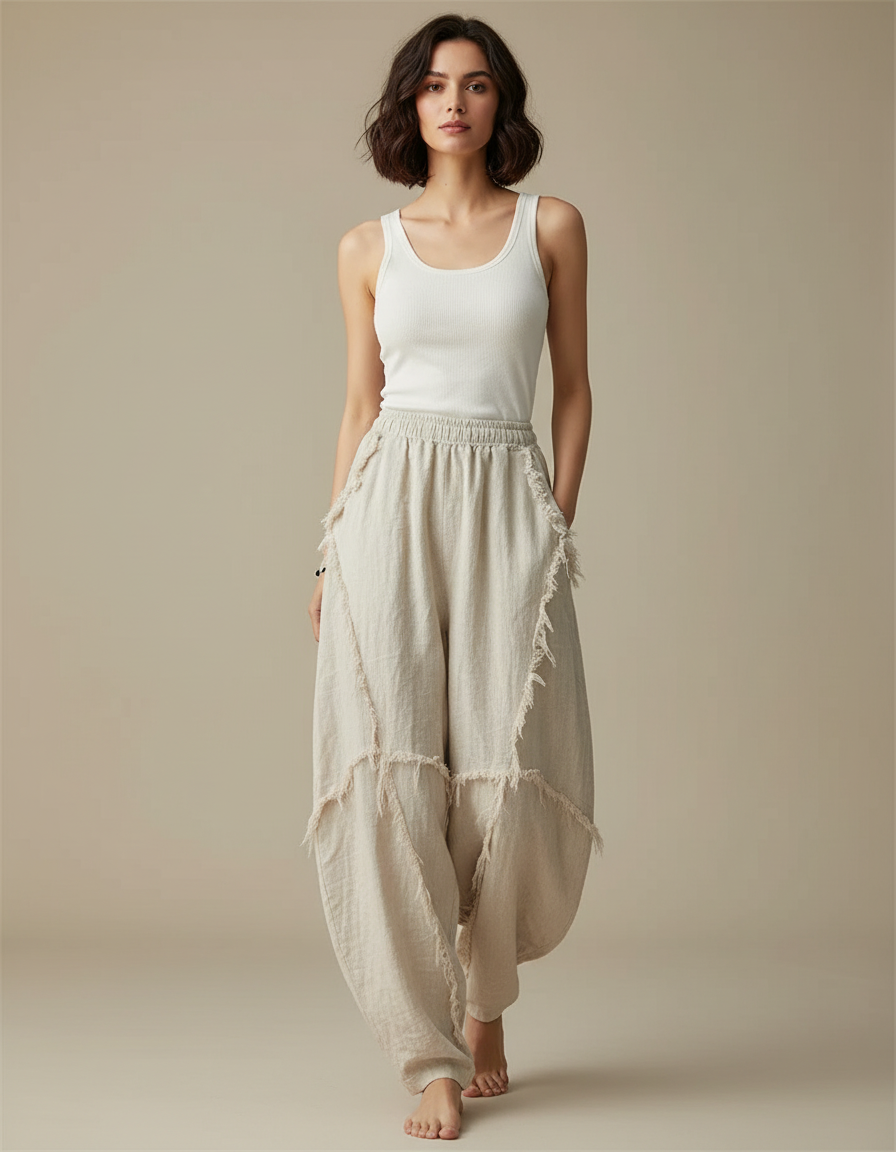 Pantalon Beige Lin Ample Décontracté Franges