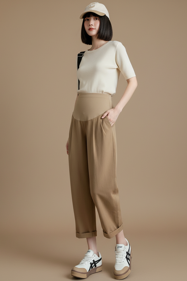 Pantalon Beige Coton Ample Décontracté Maternité