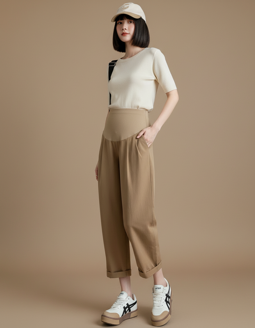 Pantalon Beige Coton Ample Décontracté Maternité