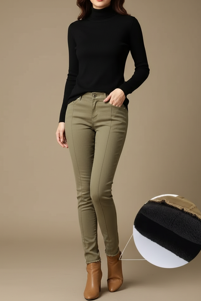 Pantalon Beige Skinny Taille Haute Velours Chaud - Kaki