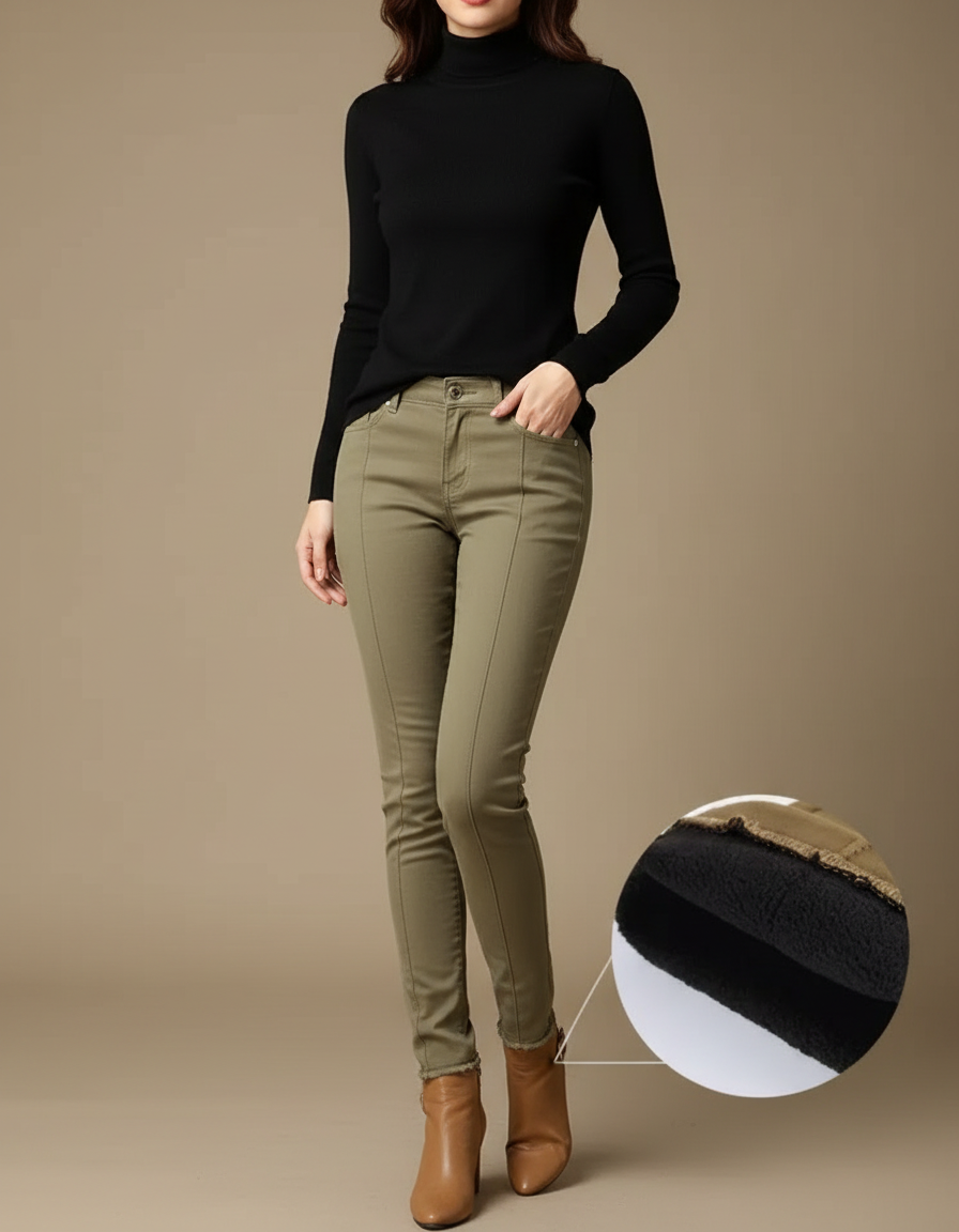 Pantalon Beige Skinny Taille Haute Velours Chaud - Kaki