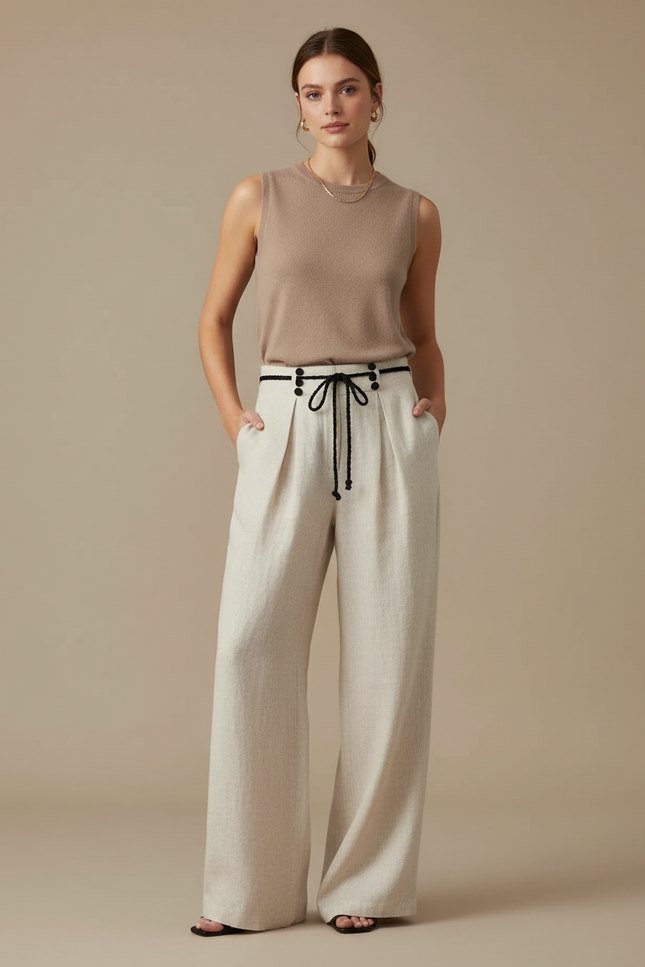 Pantalon Beige Large Fluide Lin Plissé