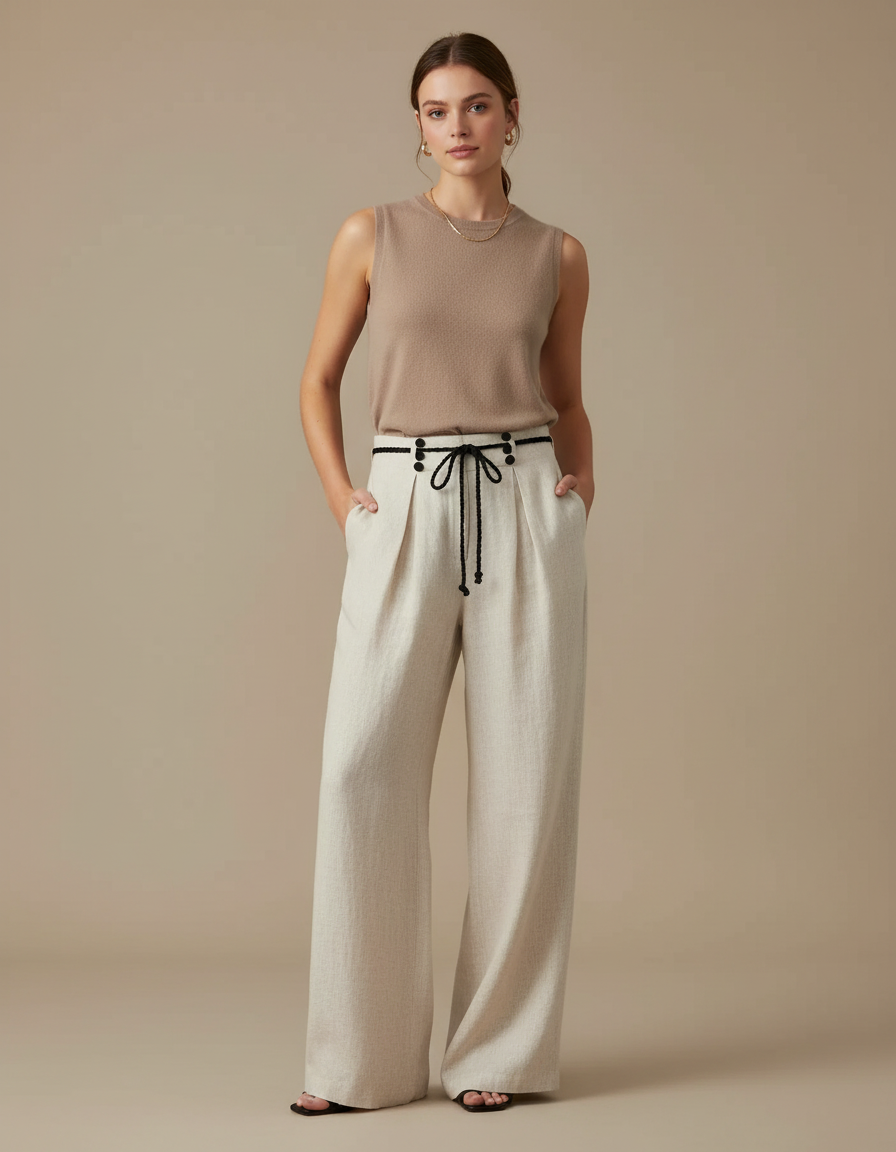 Pantalon Beige Large Fluide Lin Plissé