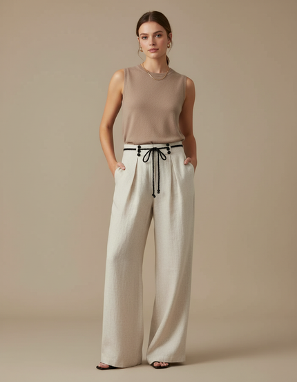 Pantalon Beige Large Fluide Lin Plissé