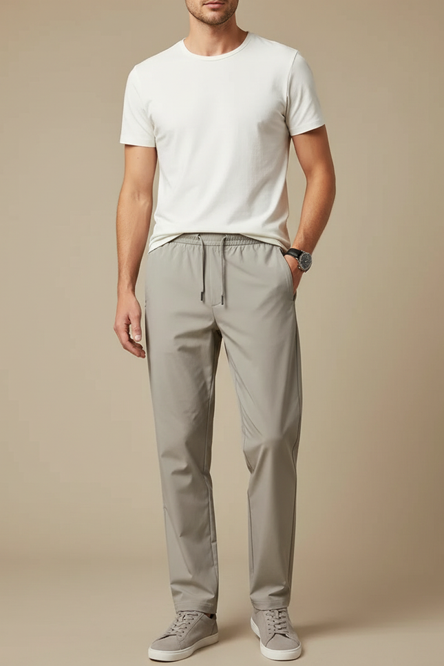 Pantalon Beige Homme Décontracté Cordon Droit Léger - Gris Polyester
