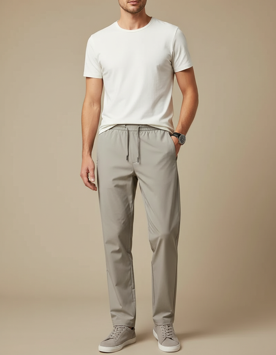 Pantalon Beige Homme Décontracté Cordon Droit Léger - Gris Polyester